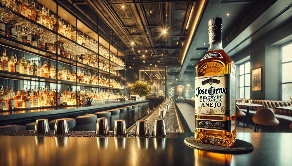 Пляшка текіли Jose Cuervo Reserva de la Familia Añejo на сучасній барній стійці, освітленій стильним освітленням у ресторанному інтер'єрі.